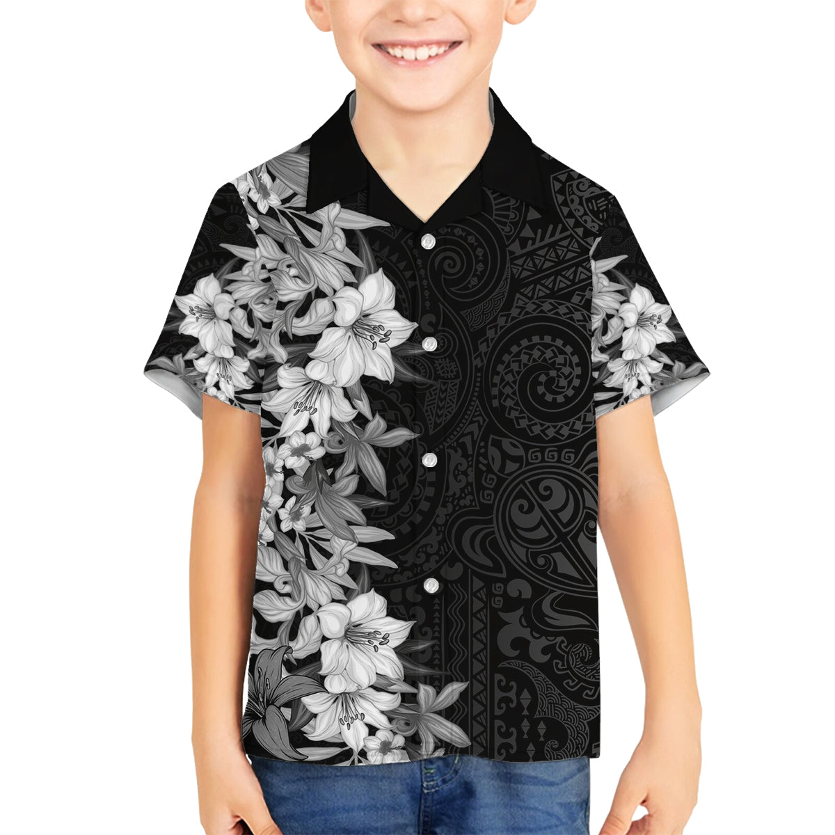 Hawaii Tropical Leaves and Flowers Family Matching Off Shoulder Maxi Dress and Hawaiian Shirt Tribal Polynesian Pattern Black White Style LT03 Son's Shirt Black - Polynesian Pride