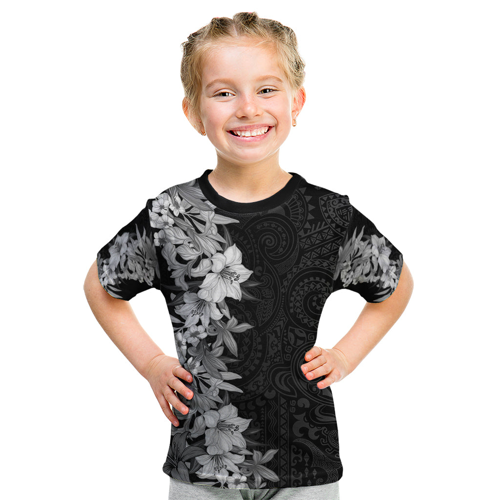 Hawaii Tropical Leaves and Flowers Kid T Shirt Tribal Polynesian Pattern Black White Style LT03 Black - Polynesian Pride