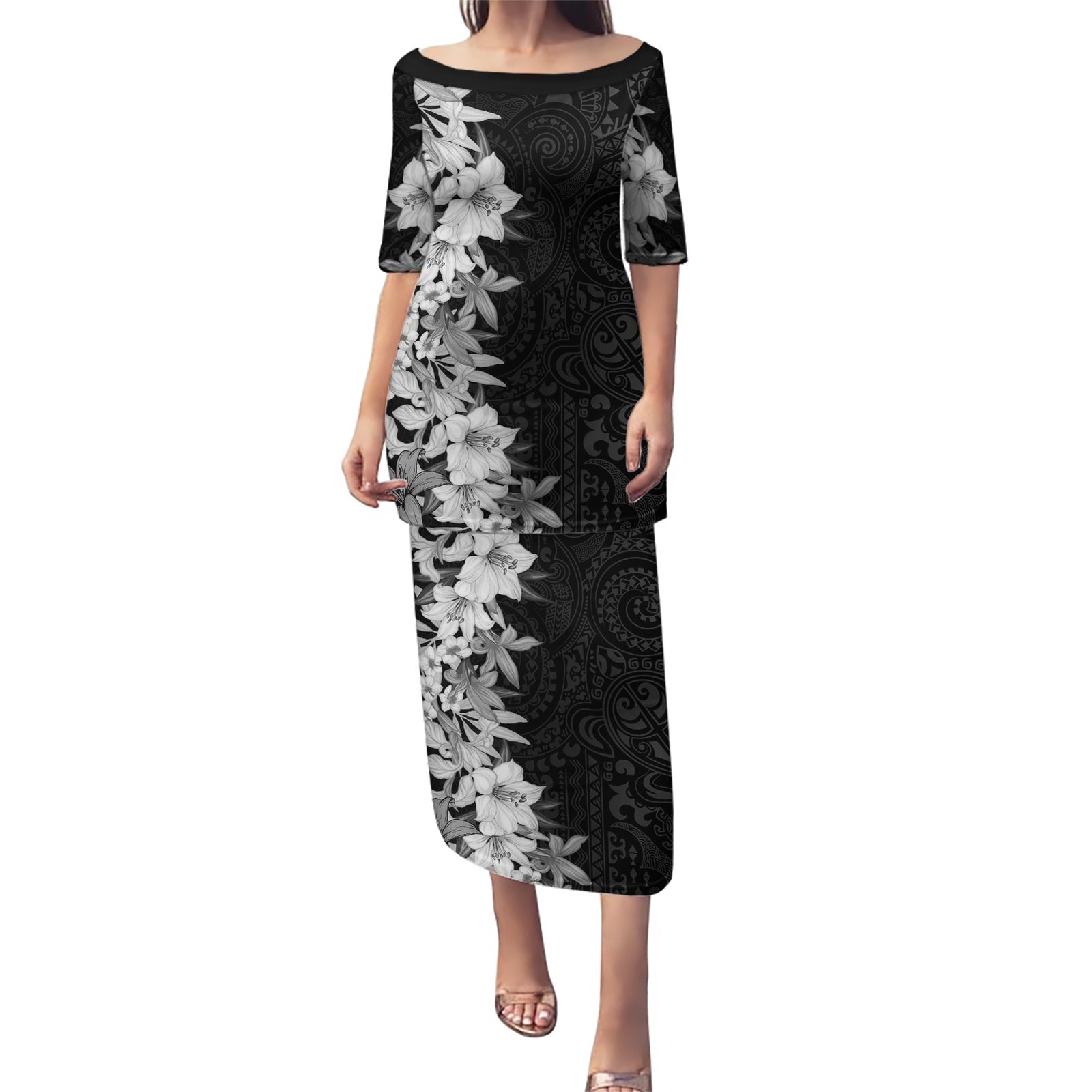 Hawaii Tropical Leaves and Flowers Puletasi Tribal Polynesian Pattern Black White Style LT03 Long Dress Black - Polynesian Pride