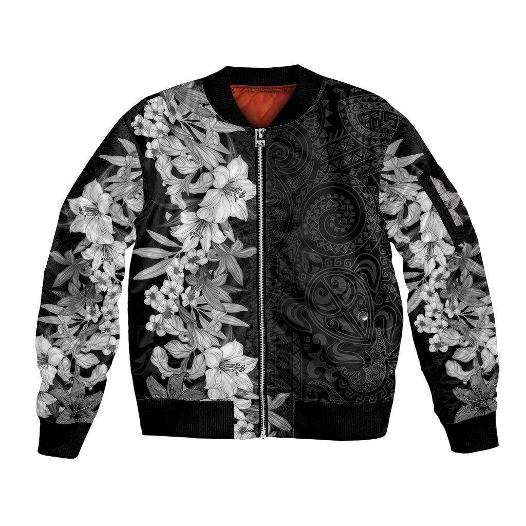 Hawaii Tropical Leaves and Flowers Sleeve Zip Bomber Jacket Tribal Polynesian Pattern Black White Style LT03 Unisex Black - Polynesian Pride