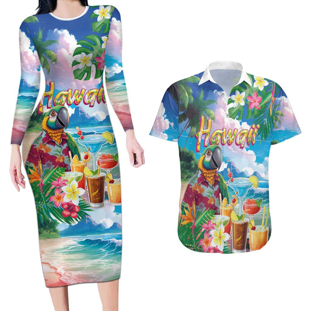 Hawaii Cocktails Couples Matching Long Sleeve Bodycon Dress and Hawaiian Shirt Parrot with Cute Beach Landscape and Tropical Plants LT03 Pastel - Polynesian Pride
