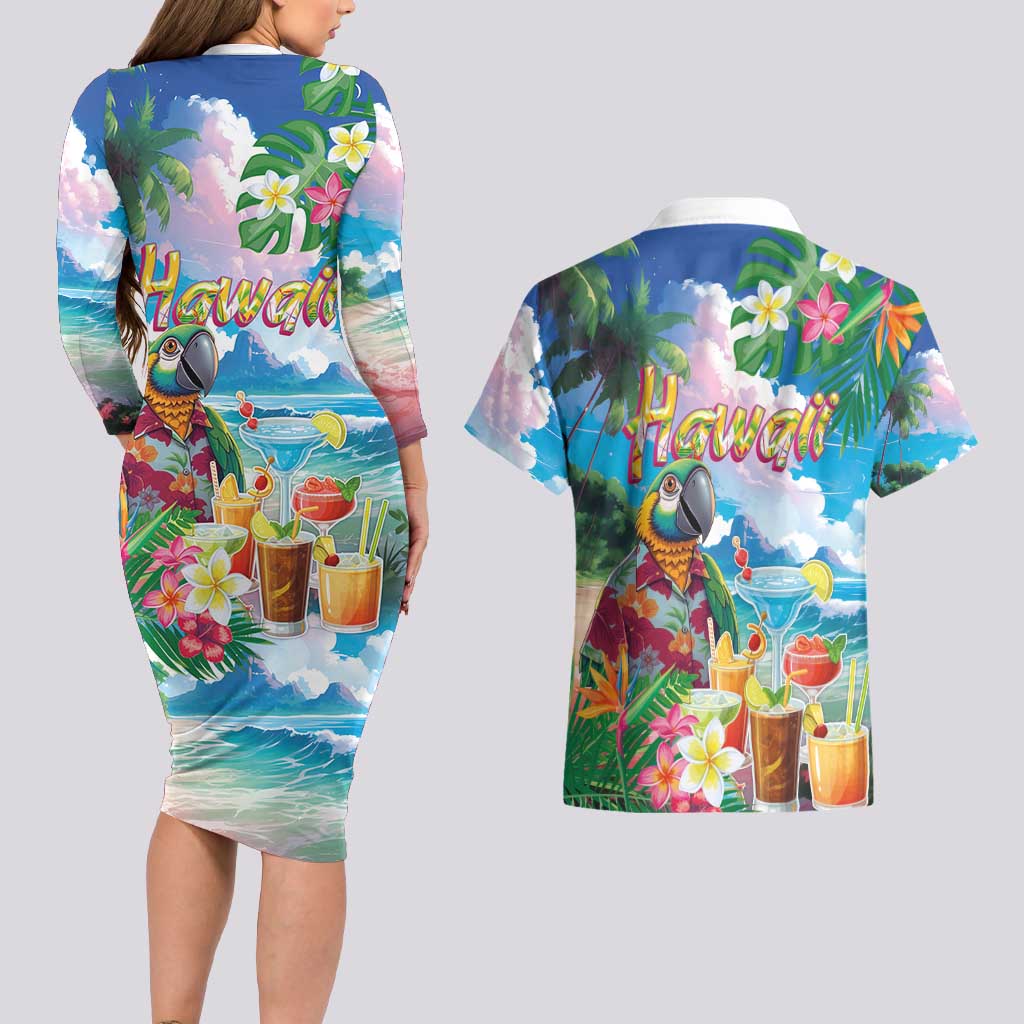 Hawaii Cocktails Couples Matching Long Sleeve Bodycon Dress and Hawaiian Shirt Parrot with Cute Beach Landscape and Tropical Plants LT03 - Polynesian Pride
