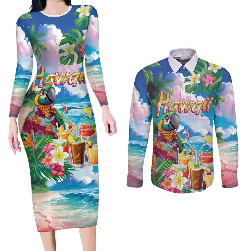 Hawaii Cocktails Couples Matching Long Sleeve Bodycon Dress and Long Sleeve Button Shirt Parrot with Cute Beach Landscape and Tropical Plants LT03 Pastel - Polynesian Pride