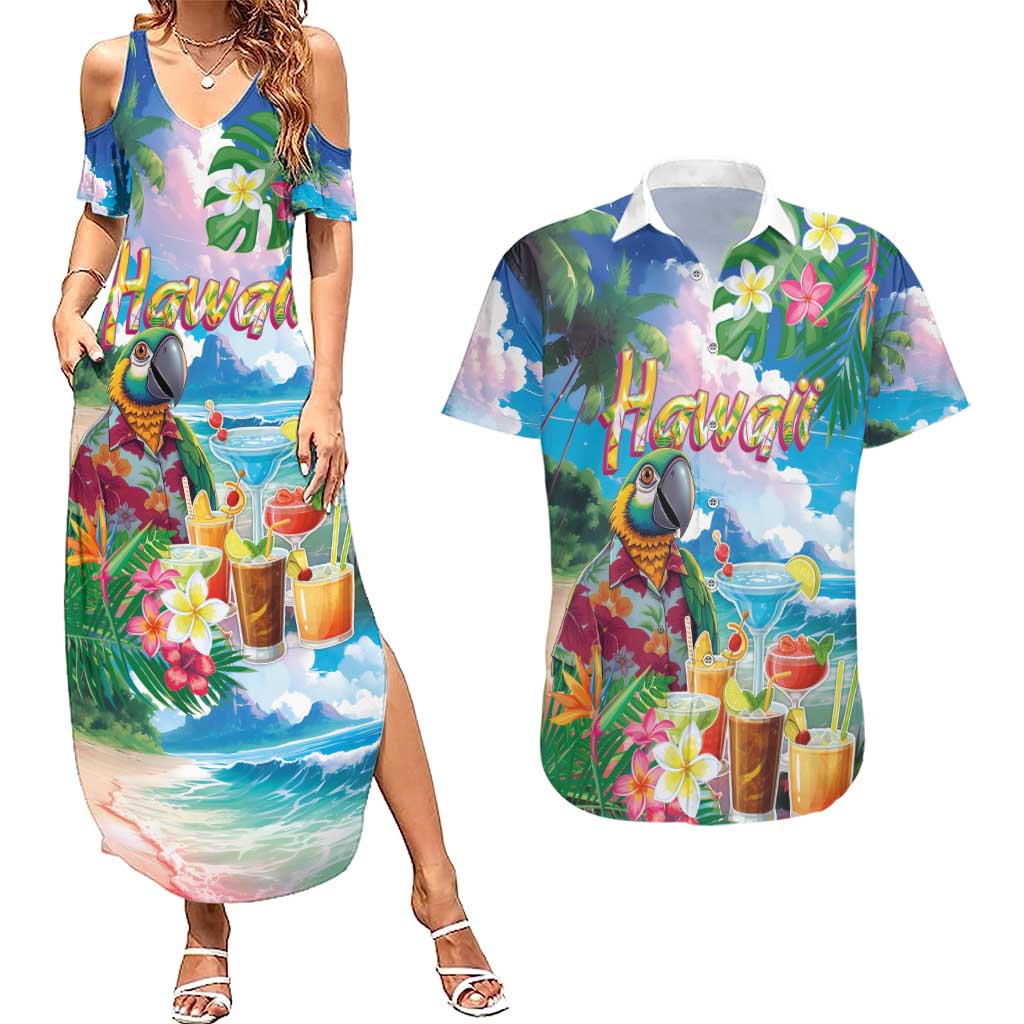 Hawaii Cocktails Couples Matching Summer Maxi Dress and Hawaiian Shirt Parrot with Cute Beach Landscape and Tropical Plants LT03 Pastel - Polynesian Pride