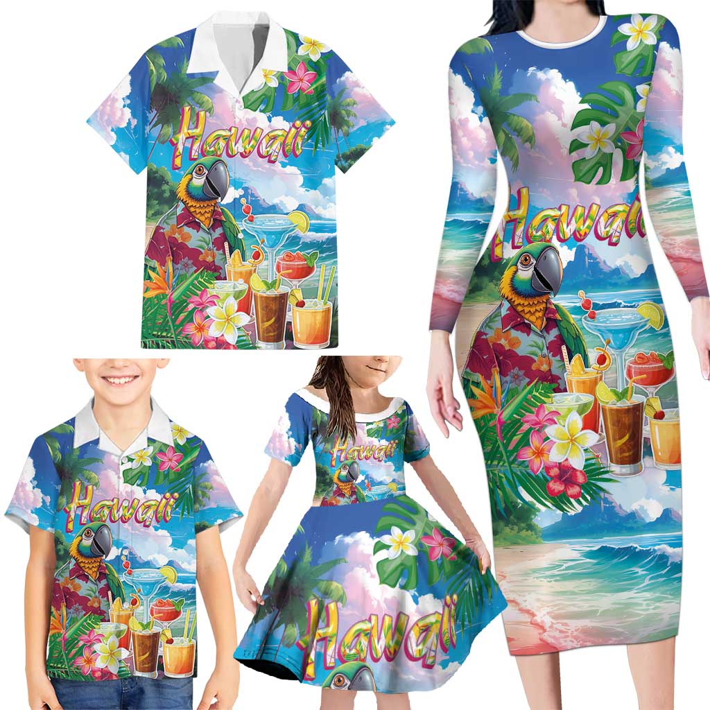 Hawaii Cocktails Family Matching Long Sleeve Bodycon Dress and Hawaiian Shirt Parrot with Cute Beach Landscape and Tropical Plants LT03 - Polynesian Pride