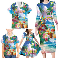 Hawaii Cocktails Family Matching Long Sleeve Bodycon Dress and Hawaiian Shirt Parrot with Cute Beach Landscape and Tropical Plants LT03 - Polynesian Pride