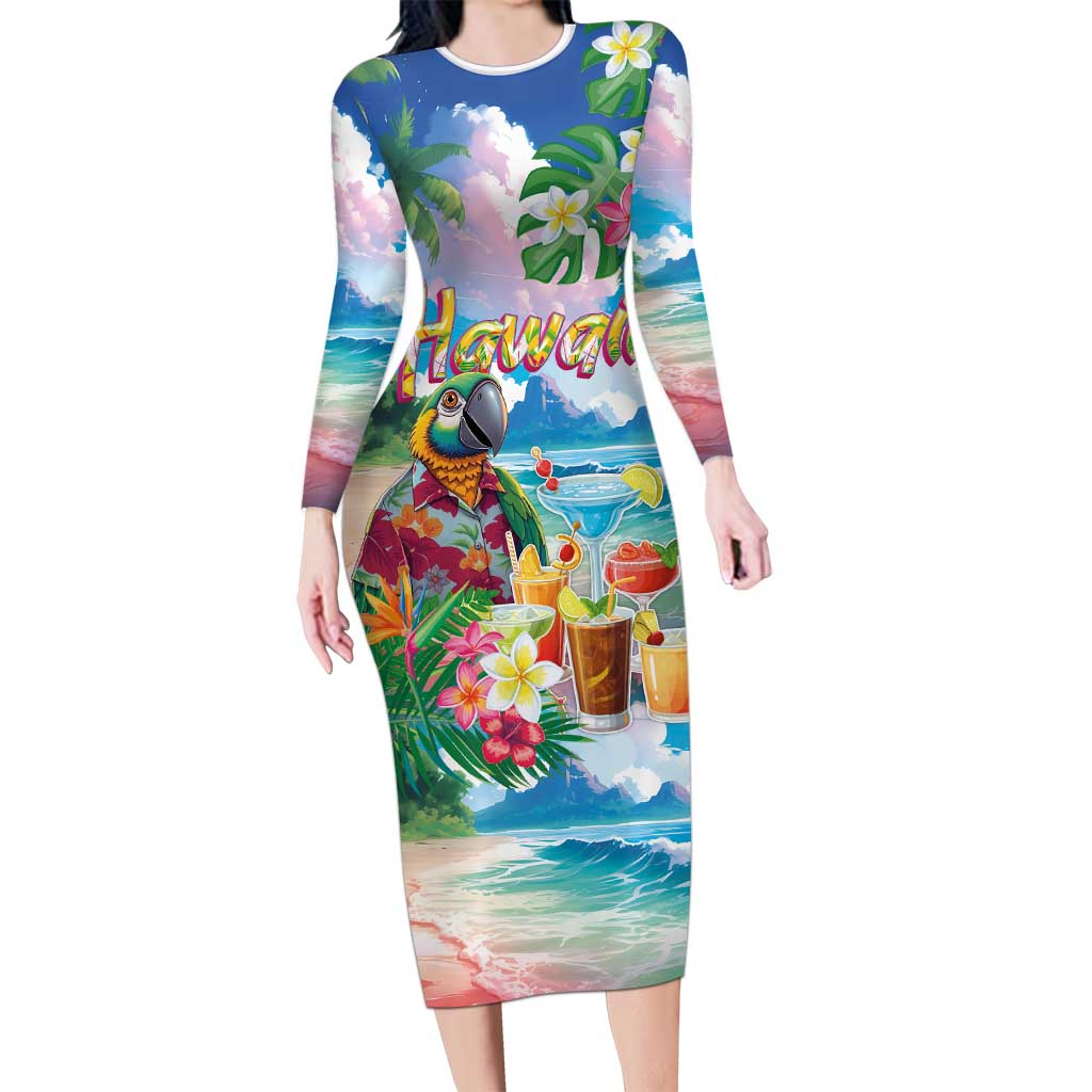 Hawaii Cocktails Family Matching Long Sleeve Bodycon Dress and Hawaiian Shirt Parrot with Cute Beach Landscape and Tropical Plants LT03 Mom's Dress Pastel - Polynesian Pride