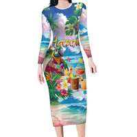 Hawaii Cocktails Family Matching Long Sleeve Bodycon Dress and Hawaiian Shirt Parrot with Cute Beach Landscape and Tropical Plants LT03 Mom's Dress Pastel - Polynesian Pride