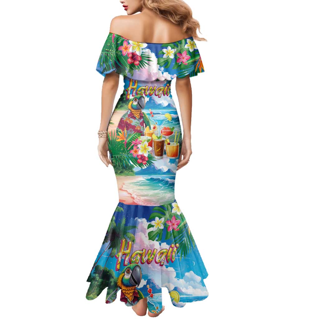 Hawaii Cocktails Family Matching Mermaid Dress and Hawaiian Shirt Parrot with Cute Beach Landscape and Tropical Plants LT03 - Polynesian Pride