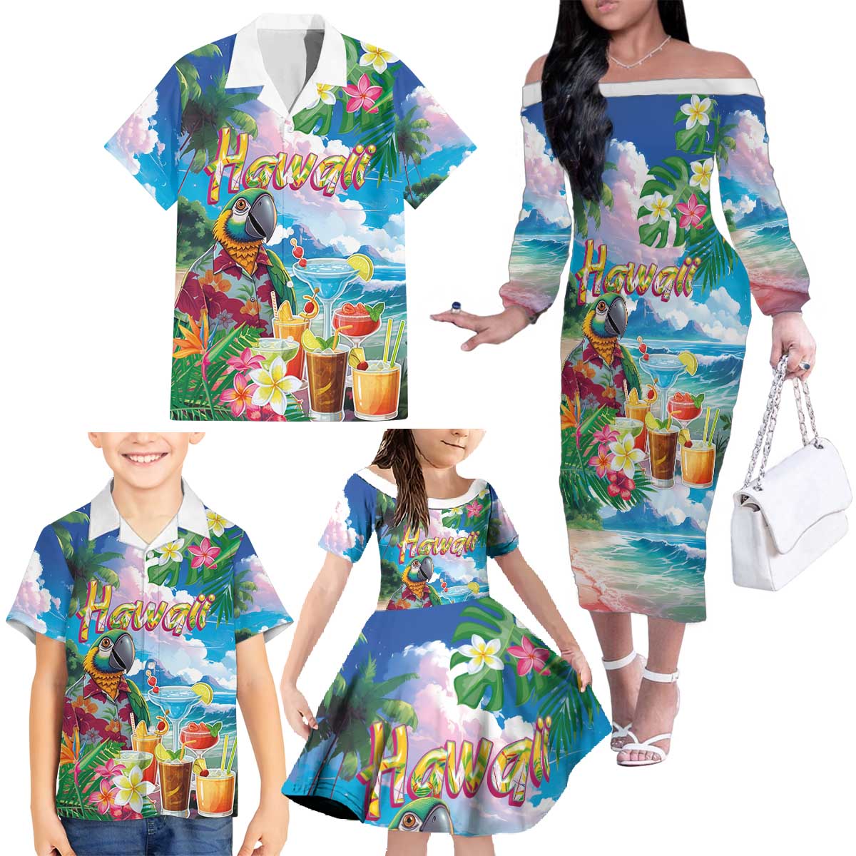 Hawaii Cocktails Family Matching Off The Shoulder Long Sleeve Dress and Hawaiian Shirt Parrot with Cute Beach Landscape and Tropical Plants LT03 - Polynesian Pride