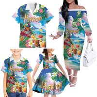Hawaii Cocktails Family Matching Off The Shoulder Long Sleeve Dress and Hawaiian Shirt Parrot with Cute Beach Landscape and Tropical Plants LT03 - Polynesian Pride