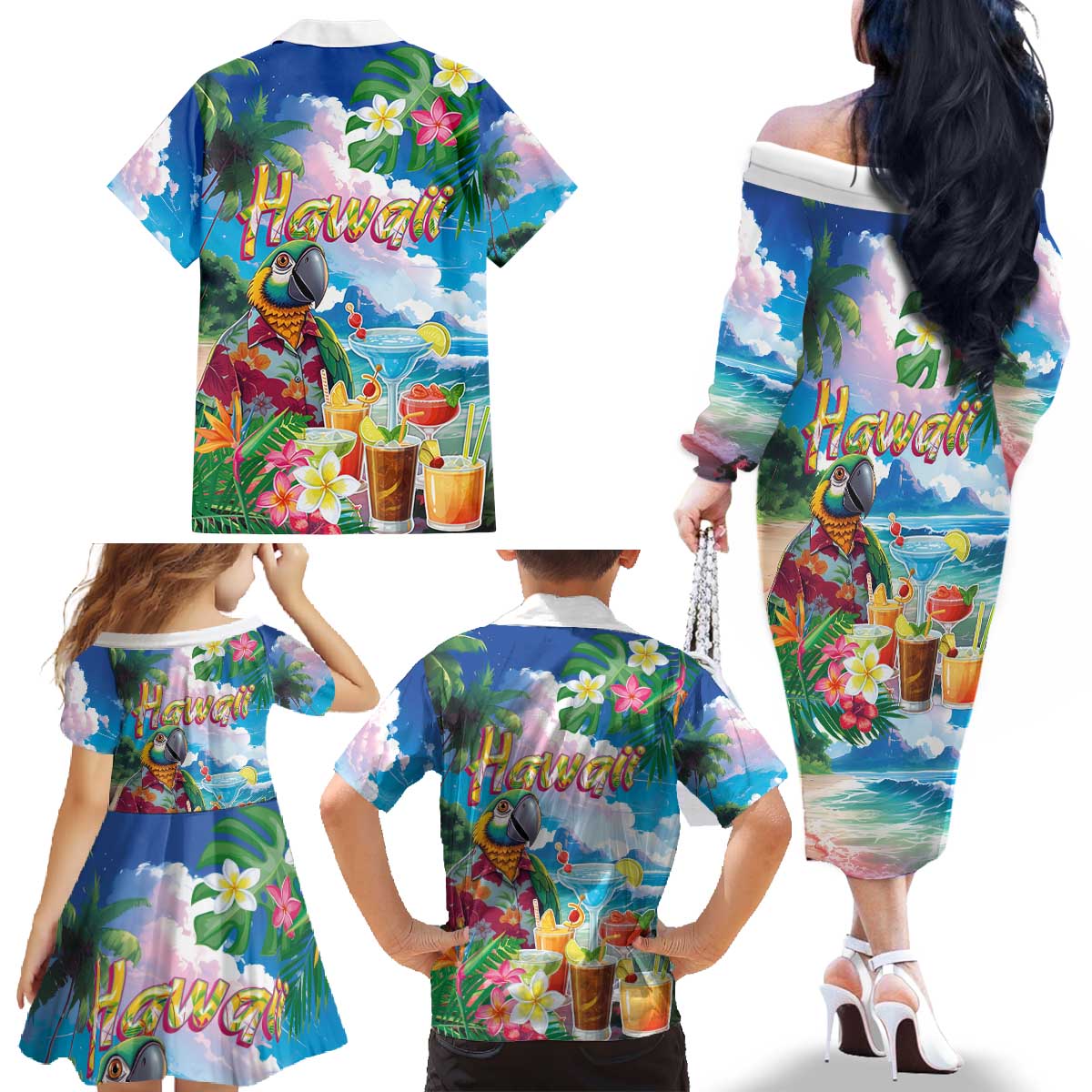 Hawaii Cocktails Family Matching Off The Shoulder Long Sleeve Dress and Hawaiian Shirt Parrot with Cute Beach Landscape and Tropical Plants LT03 - Polynesian Pride
