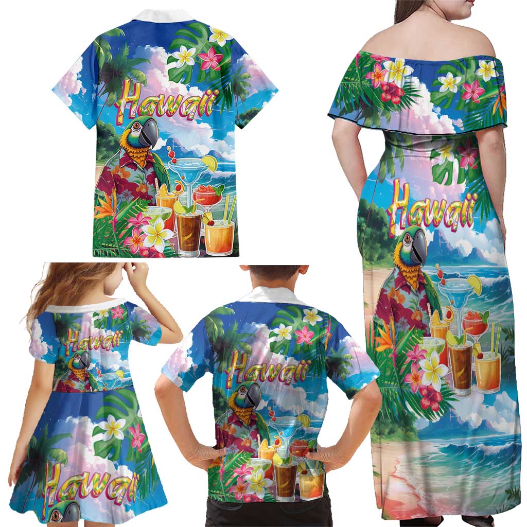 Hawaii Cocktails Family Matching Off Shoulder Maxi Dress and Hawaiian Shirt Parrot with Cute Beach Landscape and Tropical Plants LT03 - Polynesian Pride