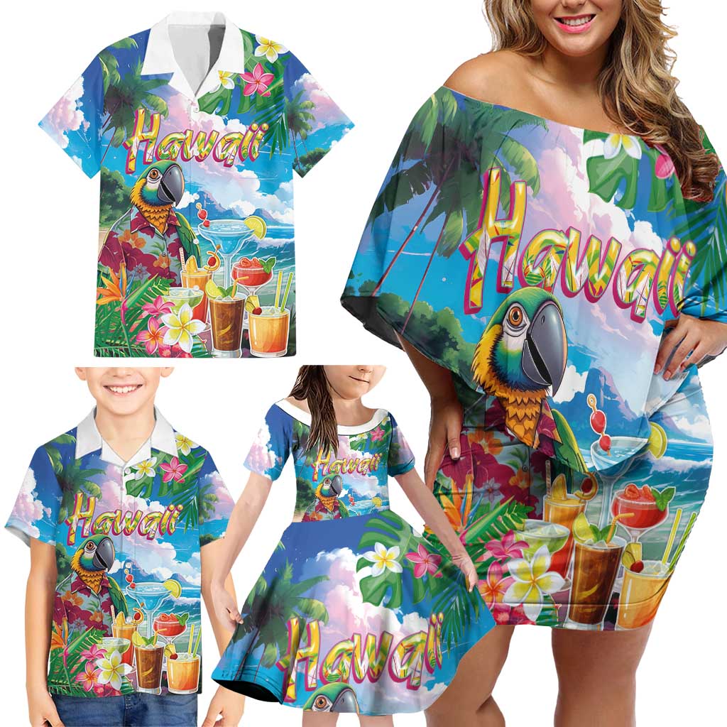 Hawaii Cocktails Family Matching Off Shoulder Short Dress and Hawaiian Shirt Parrot with Cute Beach Landscape and Tropical Plants LT03 - Polynesian Pride