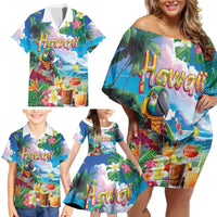 Hawaii Cocktails Family Matching Off Shoulder Short Dress and Hawaiian Shirt Parrot with Cute Beach Landscape and Tropical Plants LT03 - Polynesian Pride
