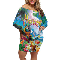 Hawaii Cocktails Family Matching Off Shoulder Short Dress and Hawaiian Shirt Parrot with Cute Beach Landscape and Tropical Plants LT03 Mom's Dress Pastel - Polynesian Pride