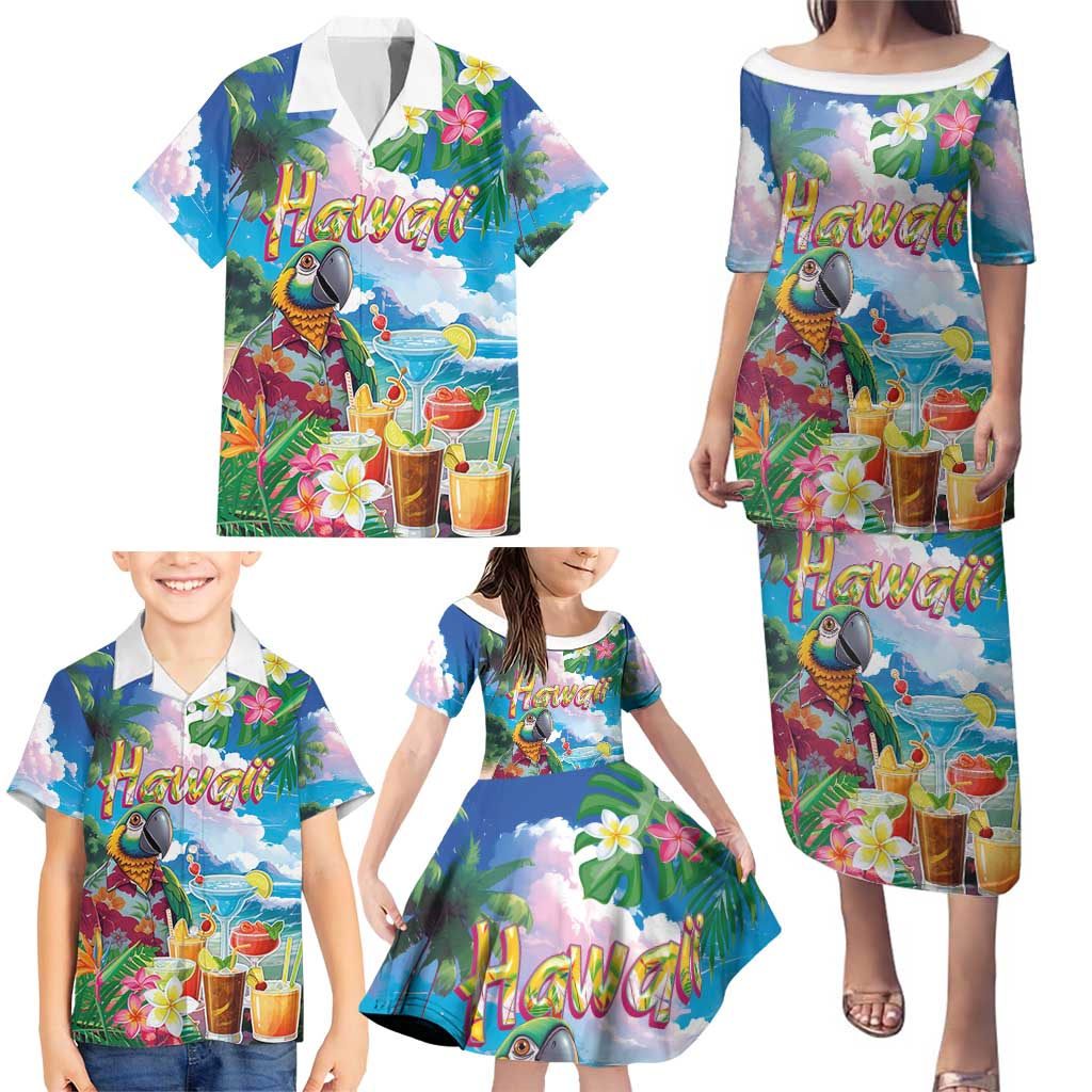 Hawaii Cocktails Family Matching Puletasi and Hawaiian Shirt Parrot with Cute Beach Landscape and Tropical Plants LT03 - Polynesian Pride