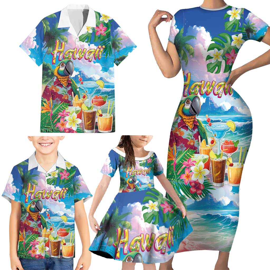 Hawaii Cocktails Family Matching Short Sleeve Bodycon Dress and Hawaiian Shirt Parrot with Cute Beach Landscape and Tropical Plants LT03 - Polynesian Pride