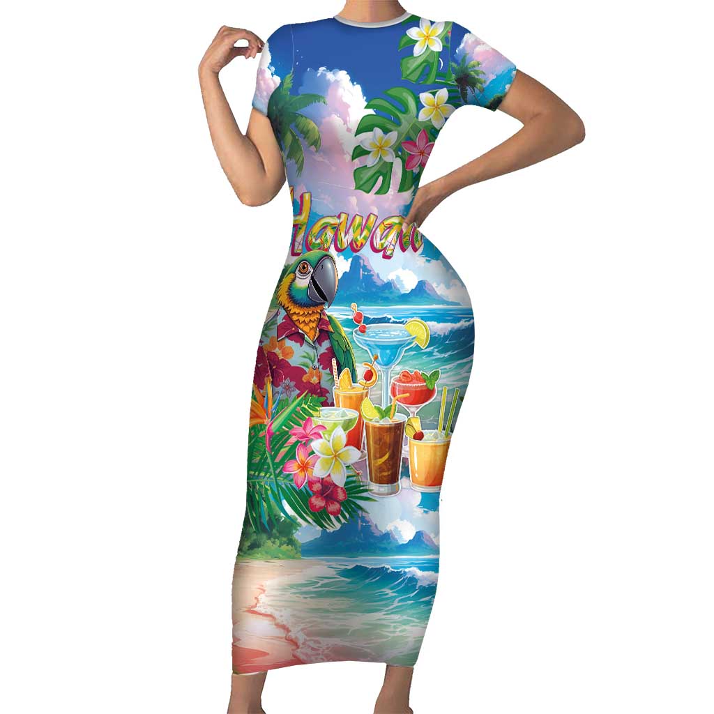 Hawaii Cocktails Family Matching Short Sleeve Bodycon Dress and Hawaiian Shirt Parrot with Cute Beach Landscape and Tropical Plants LT03 Mom's Dress Pastel - Polynesian Pride