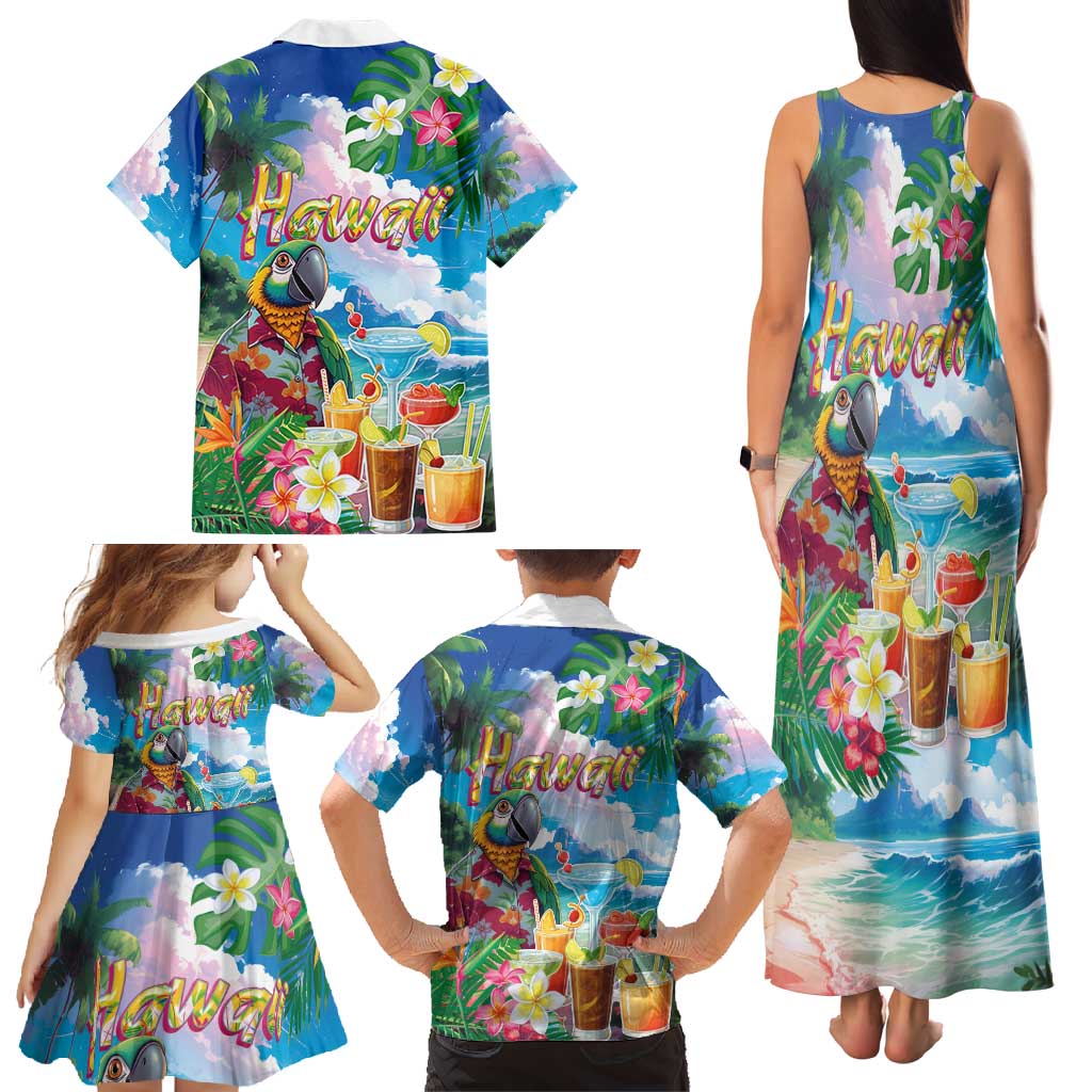 Hawaii Cocktails Family Matching Tank Maxi Dress and Hawaiian Shirt Parrot with Cute Beach Landscape and Tropical Plants LT03 - Polynesian Pride