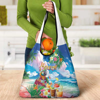 Hawaii Cocktails Grocery Bag Parrot with Cute Beach Landscape and Tropical Plants