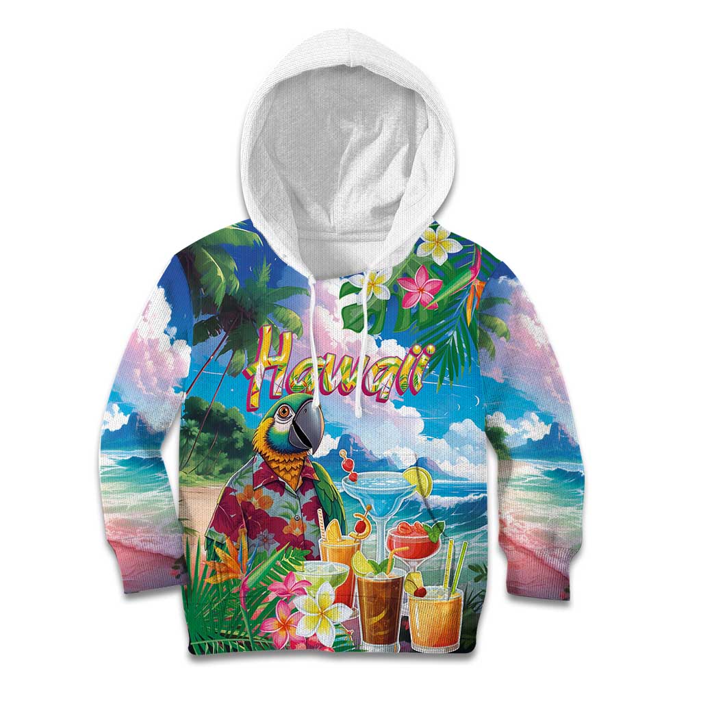 Hawaii Cocktails Kid Hoodie Parrot with Cute Beach Landscape and Tropical Plants