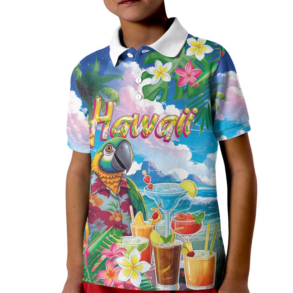 Hawaii Cocktails Kid Polo Shirt Parrot with Cute Beach Landscape and Tropical Plants
