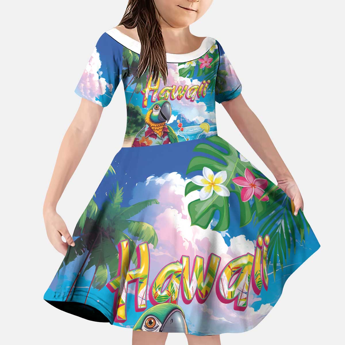 Hawaii Cocktails Kid Short Sleeve Dress Parrot with Cute Beach Landscape and Tropical Plants