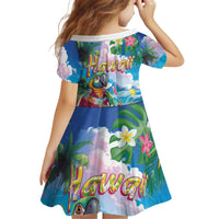 Hawaii Cocktails Kid Short Sleeve Dress Parrot with Cute Beach Landscape and Tropical Plants