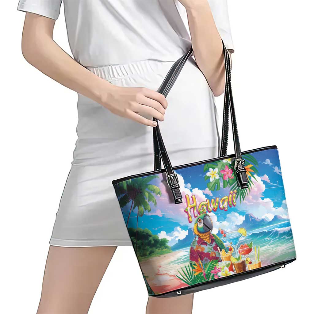 Hawaii Cocktails Leather Tote Bag Parrot with Cute Beach Landscape and Tropical Plants