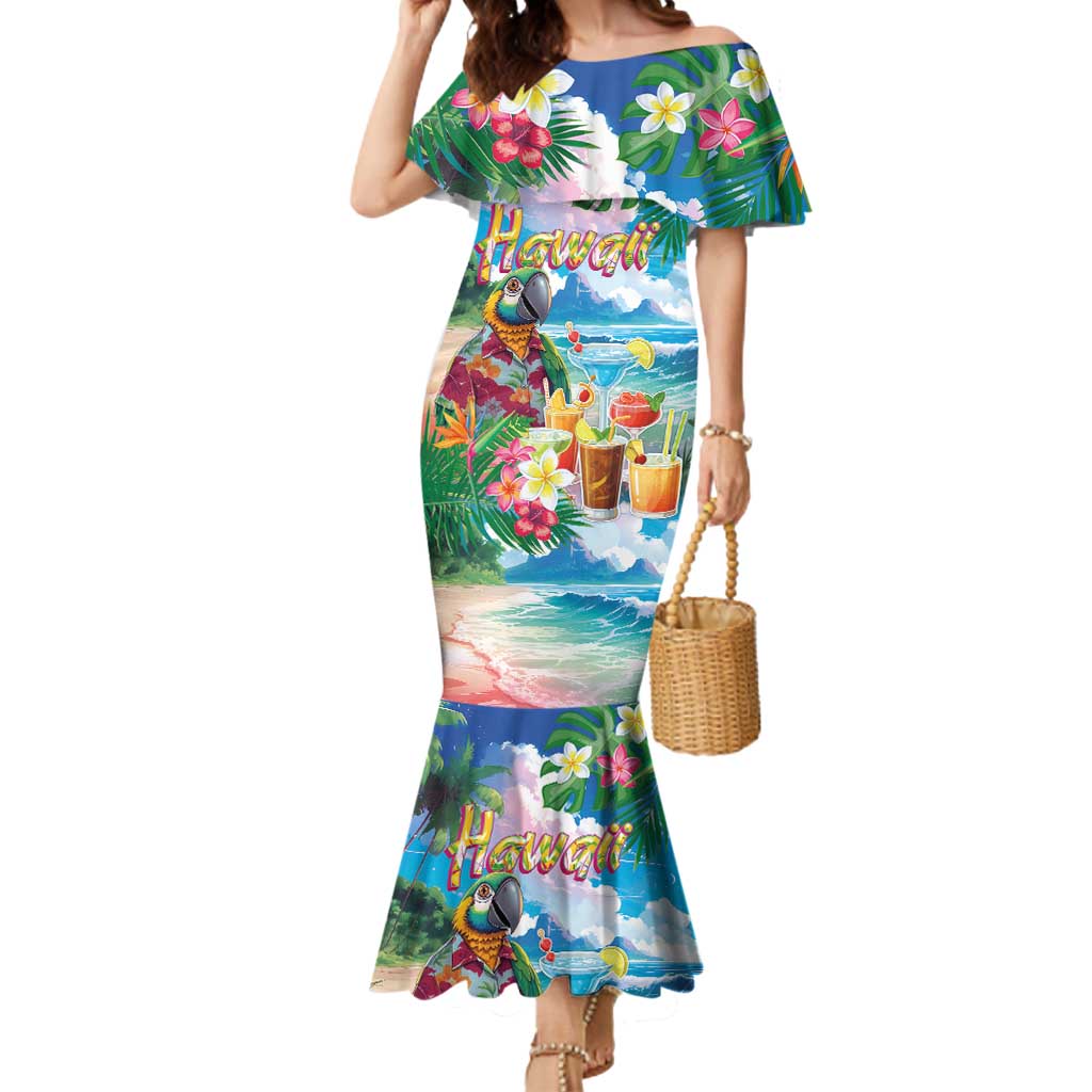 Hawaii Cocktails Mermaid Dress Parrot with Cute Beach Landscape and Tropical Plants