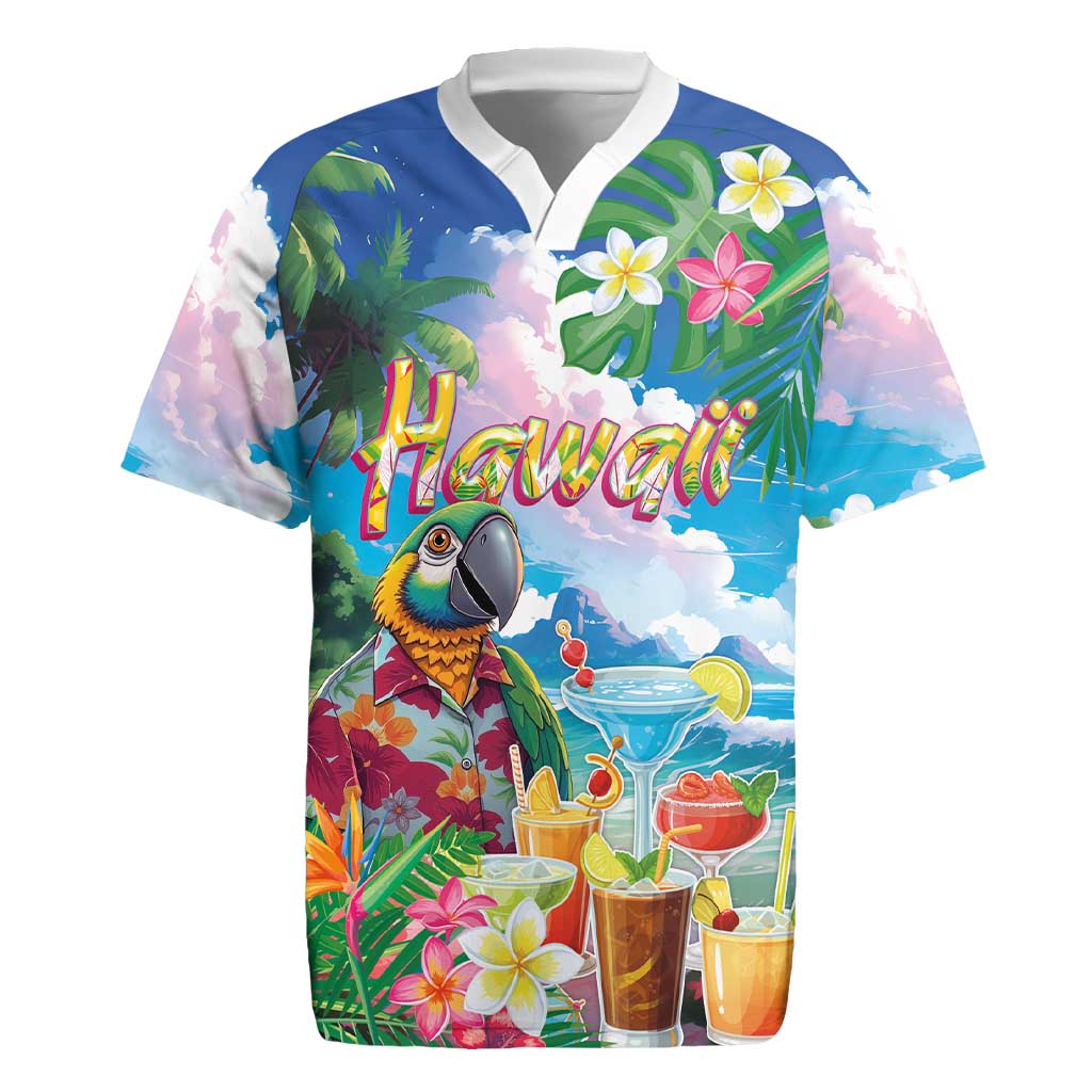 Hawaii Cocktails Rugby Jersey Parrot with Cute Beach Landscape and Tropical Plants