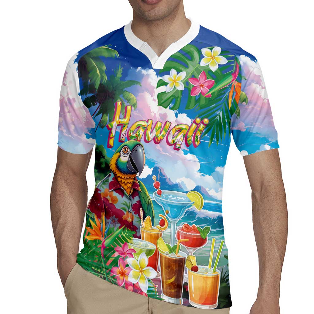 Hawaii Cocktails Rugby Jersey Parrot with Cute Beach Landscape and Tropical Plants