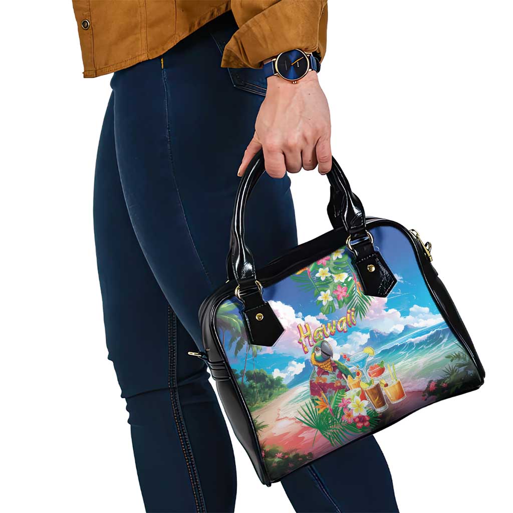 Hawaii Cocktails Shoulder Handbag Parrot with Cute Beach Landscape and Tropical Plants
