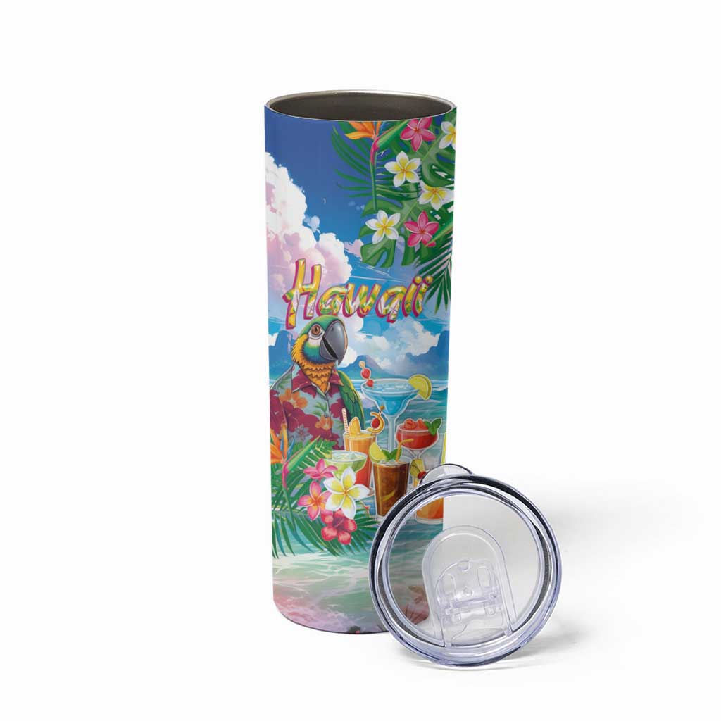 Hawaii Cocktails Skinny Tumbler Parrot with Cute Beach Landscape and Tropical Plants
