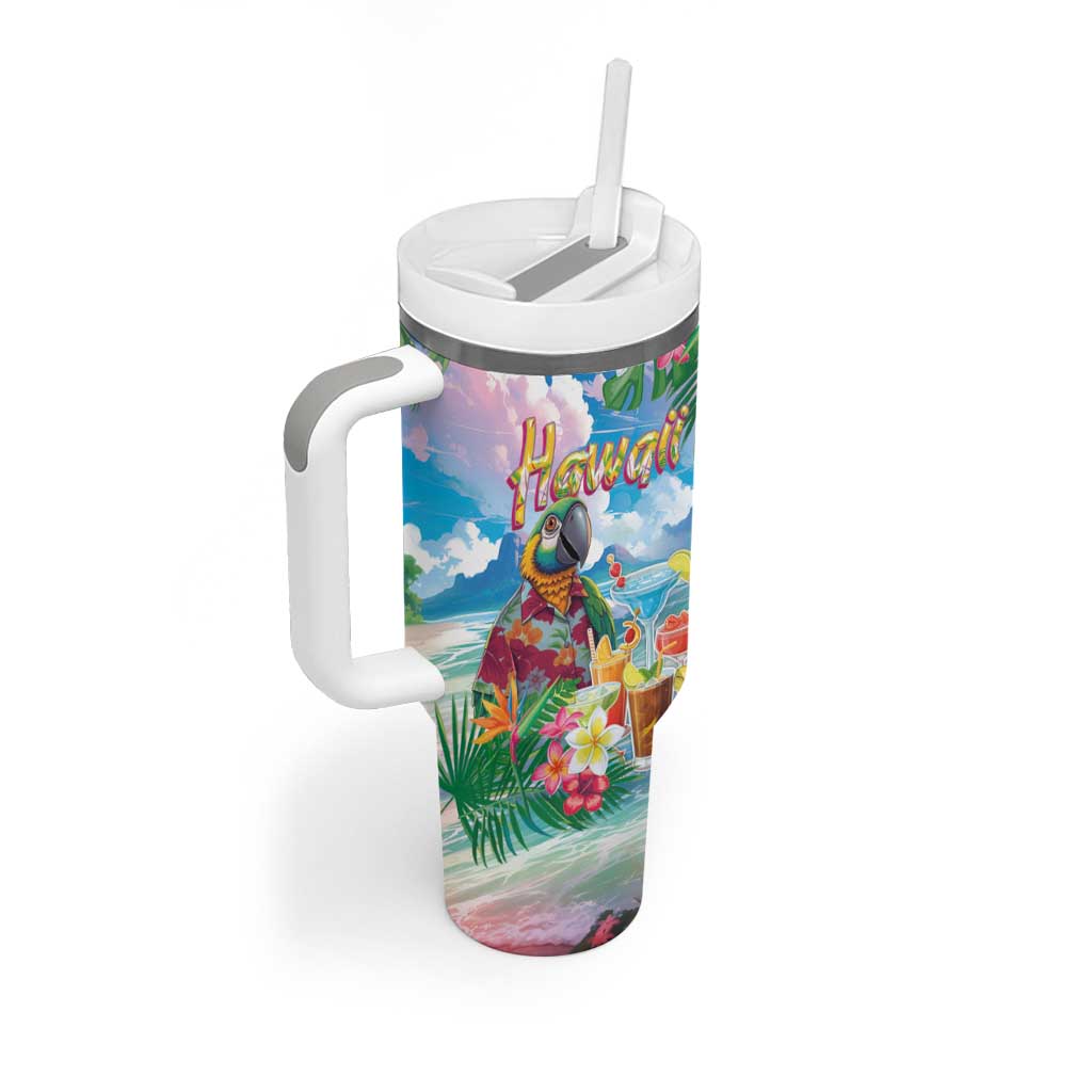 Hawaii Cocktails Tumbler With Handle Parrot with Cute Beach Landscape and Tropical Plants