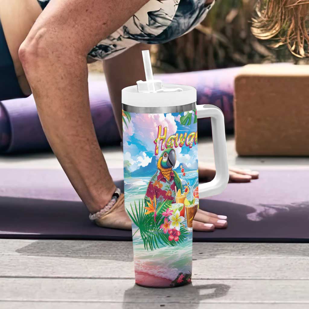 Hawaii Cocktails Tumbler With Handle Parrot with Cute Beach Landscape and Tropical Plants
