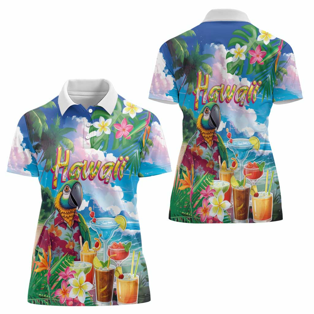 Hawaii Cocktails Women Polo Shirt Parrot with Cute Beach Landscape and Tropical Plants LT03 - Polynesian Pride