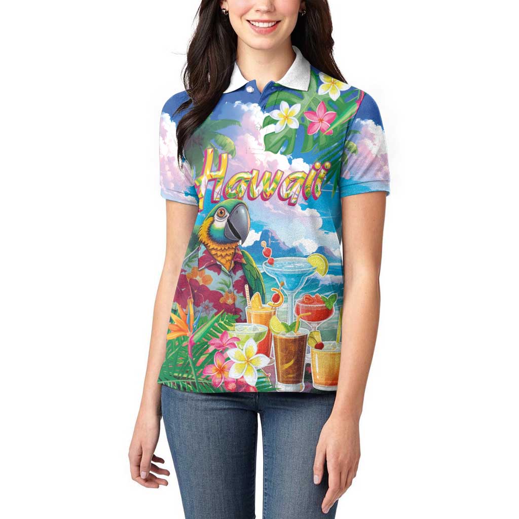 Hawaii Cocktails Women Polo Shirt Parrot with Cute Beach Landscape and Tropical Plants LT03 - Polynesian Pride