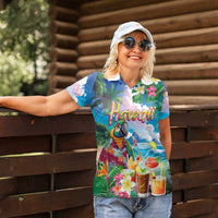 Hawaii Cocktails Women Polo Shirt Parrot with Cute Beach Landscape and Tropical Plants LT03 - Polynesian Pride