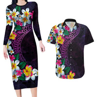 Hawaiian Plumeria-Polynesian Art Tattoo Mauve Color Couples Matching Long Sleeve Bodycon Dress and Hawaiian Shirt LT03 Purple - Polynesian Pride