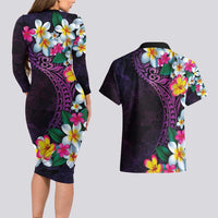 Hawaiian Plumeria-Polynesian Art Tattoo Mauve Color Couples Matching Long Sleeve Bodycon Dress and Hawaiian Shirt LT03 - Polynesian Pride