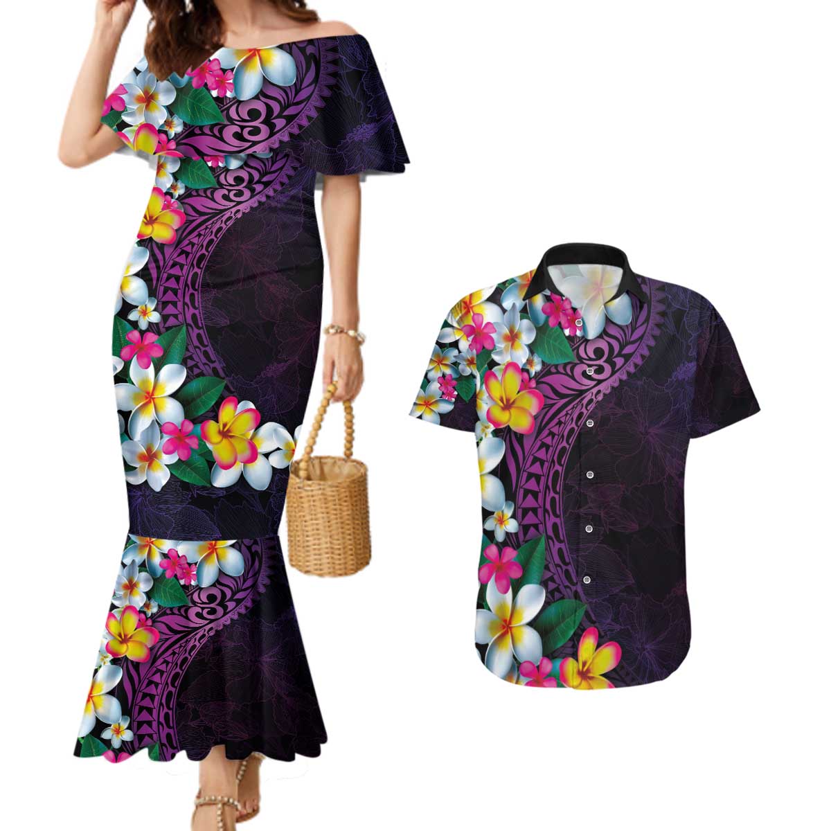Hawaiian Plumeria-Polynesian Art Tattoo Mauve Color Couples Matching Mermaid Dress and Hawaiian Shirt LT03 Purple - Polynesian Pride