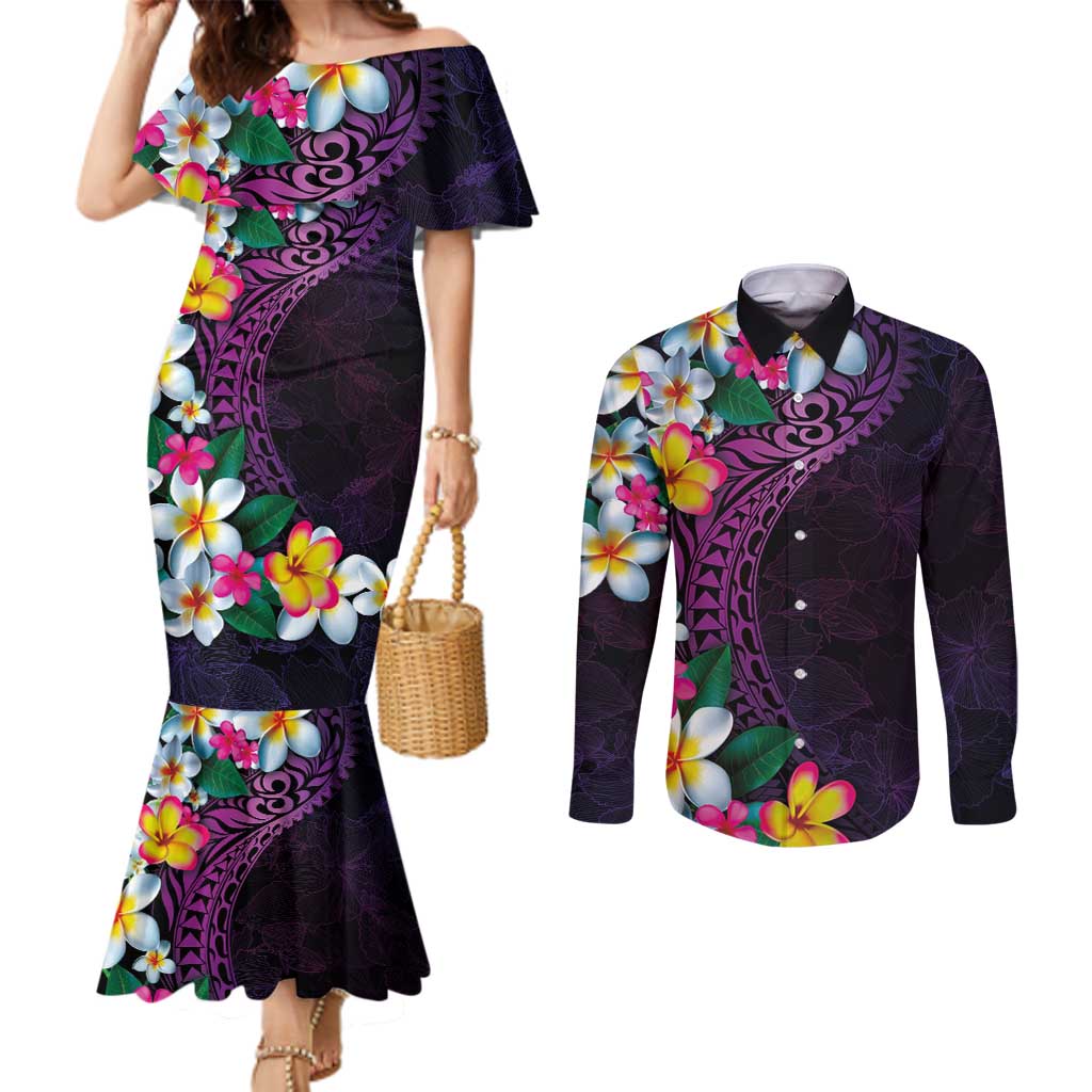 Hawaiian Plumeria-Polynesian Art Tattoo Mauve Color Couples Matching Mermaid Dress and Long Sleeve Button Shirt LT03 Purple - Polynesian Pride