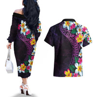 Hawaiian Plumeria-Polynesian Art Tattoo Mauve Color Couples Matching Off The Shoulder Long Sleeve Dress and Hawaiian Shirt LT03 - Polynesian Pride