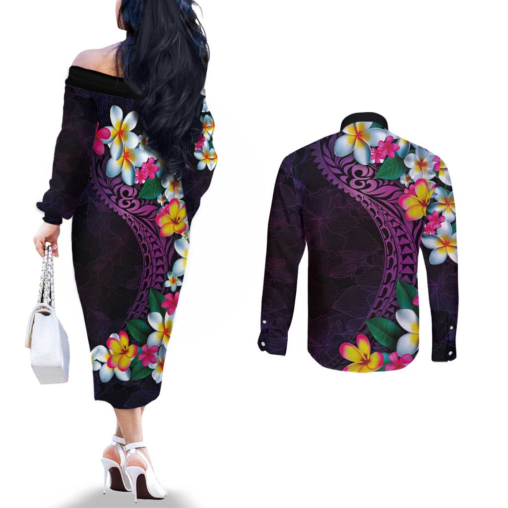 Hawaiian Plumeria-Polynesian Art Tattoo Mauve Color Couples Matching Off The Shoulder Long Sleeve Dress and Long Sleeve Button Shirt LT03 - Polynesian Pride