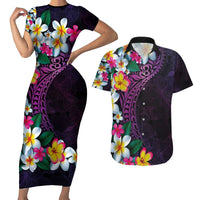 Hawaiian Plumeria-Polynesian Art Tattoo Mauve Color Couples Matching Short Sleeve Bodycon Dress and Hawaiian Shirt LT03 Purple - Polynesian Pride