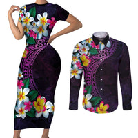 Hawaiian Plumeria-Polynesian Art Tattoo Mauve Color Couples Matching Short Sleeve Bodycon Dress and Long Sleeve Button Shirt LT03 Purple - Polynesian Pride