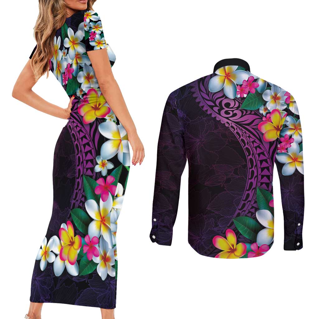 Hawaiian Plumeria-Polynesian Art Tattoo Mauve Color Couples Matching Short Sleeve Bodycon Dress and Long Sleeve Button Shirt LT03 - Polynesian Pride