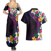 Hawaiian Plumeria-Polynesian Art Tattoo Mauve Color Couples Matching Summer Maxi Dress and Hawaiian Shirt LT03 - Polynesian Pride